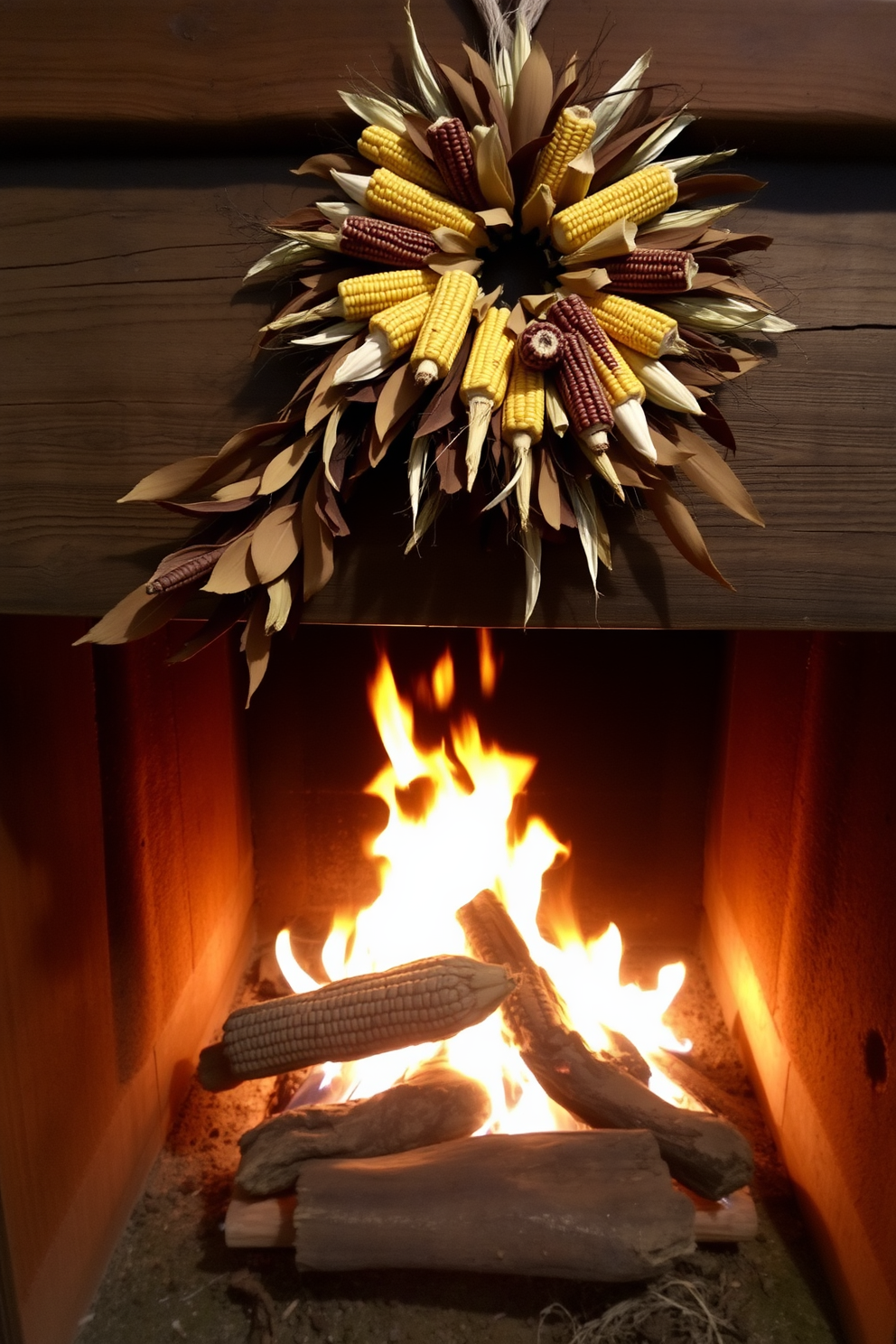 A rustic fireplace adorned with a wreath made of dried corn and leaves. The warm glow of the fire illuminates the earthy tones of the wreath, creating a cozy and inviting atmosphere.