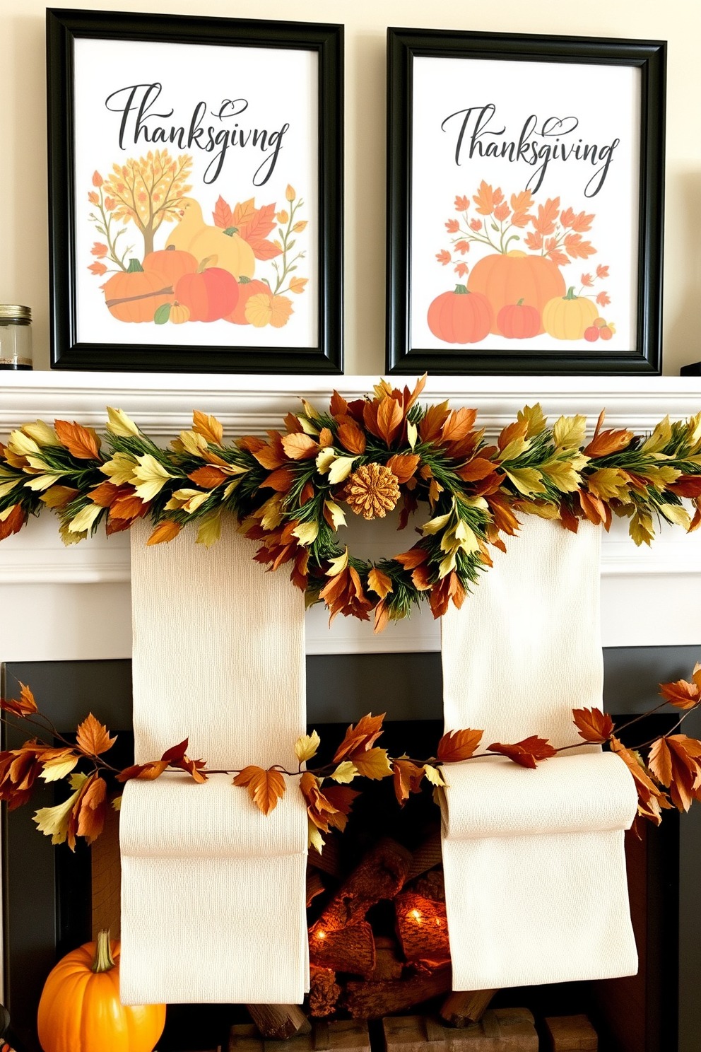 Thanksgiving-themed art prints are displayed above the mantel, showcasing warm autumn colors and festive imagery. The fireplace is adorned with a garland of dried leaves and pumpkins, creating a cozy and inviting atmosphere.