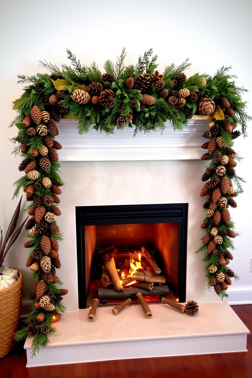 A cozy living room adorned with layered art pieces that showcase vibrant fall colors. The artwork is strategically arranged above a rustic mantel, which is decorated with seasonal elements like pumpkins and autumn leaves. A warm fireplace serves as the focal point, surrounded by a comfortable seating area featuring plush cushions and a soft throw blanket. The ambiance is enhanced by the flickering flames, creating a welcoming atmosphere perfect for Thanksgiving gatherings.