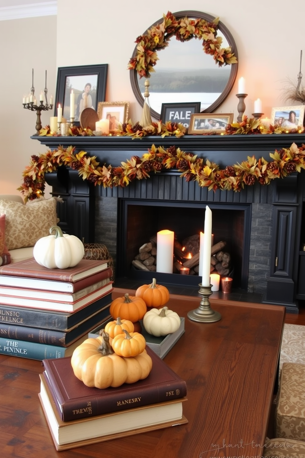 A cozy Thanksgiving fireplace setting adorned with natural elements like pinecones and acorns. The mantel is decorated with a garland of evergreen branches, interspersed with clusters of acorns and pinecones for a rustic touch. On the hearth, a collection of small pumpkins in varying shades of orange and white adds warmth. Soft, flickering candlelight in glass holders enhances the inviting atmosphere of the space.