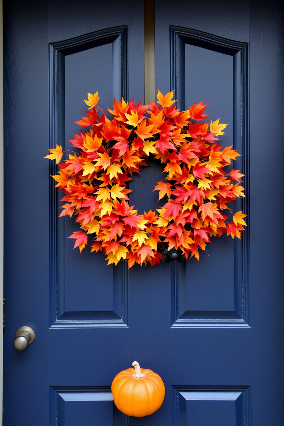 A beautiful autumn wreath is adorned with vibrant red, orange, and yellow leaves. It hangs gracefully on a rustic wooden front door, inviting guests to celebrate the Thanksgiving season.