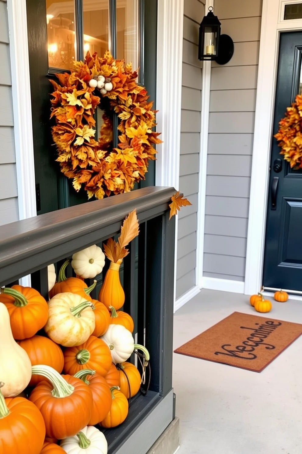 A charming display of various gourds is arranged along the porch railing, showcasing an array of colors and shapes that celebrate the season. The gourds are complemented by soft, warm lighting that creates an inviting atmosphere for guests. The front door is adorned with a festive wreath made of autumn leaves and small pumpkins, enhancing the Thanksgiving spirit. A welcome mat with a seasonal message completes the inviting look, making the entrance feel warm and welcoming.