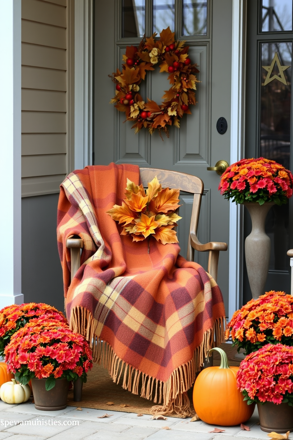 A cozy chair is adorned with a soft plaid blanket in warm autumn colors, inviting guests to sit and relax. The surrounding area features seasonal decorations, including pumpkins and fall foliage, creating a festive atmosphere. The front door is beautifully decorated with a wreath made of dried leaves and berries, enhancing the welcoming feel. Flanking the door, potted mums in vibrant hues add a touch of seasonal charm.