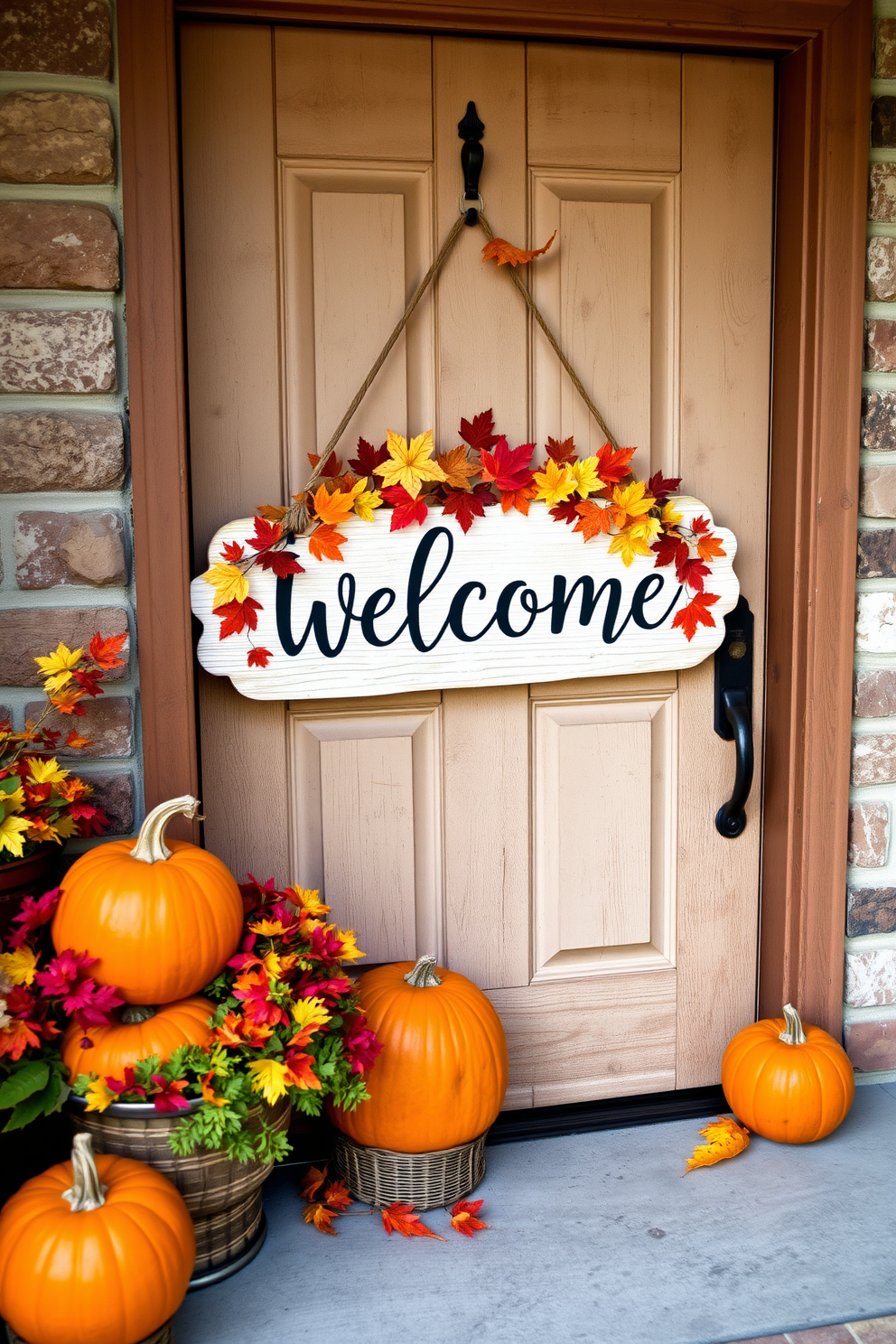 A charming welcome sign adorned with vibrant autumn colors hangs on a rustic front door. Surrounding the sign, seasonal decorations such as pumpkins and colorful leaves create a warm and inviting atmosphere for Thanksgiving.