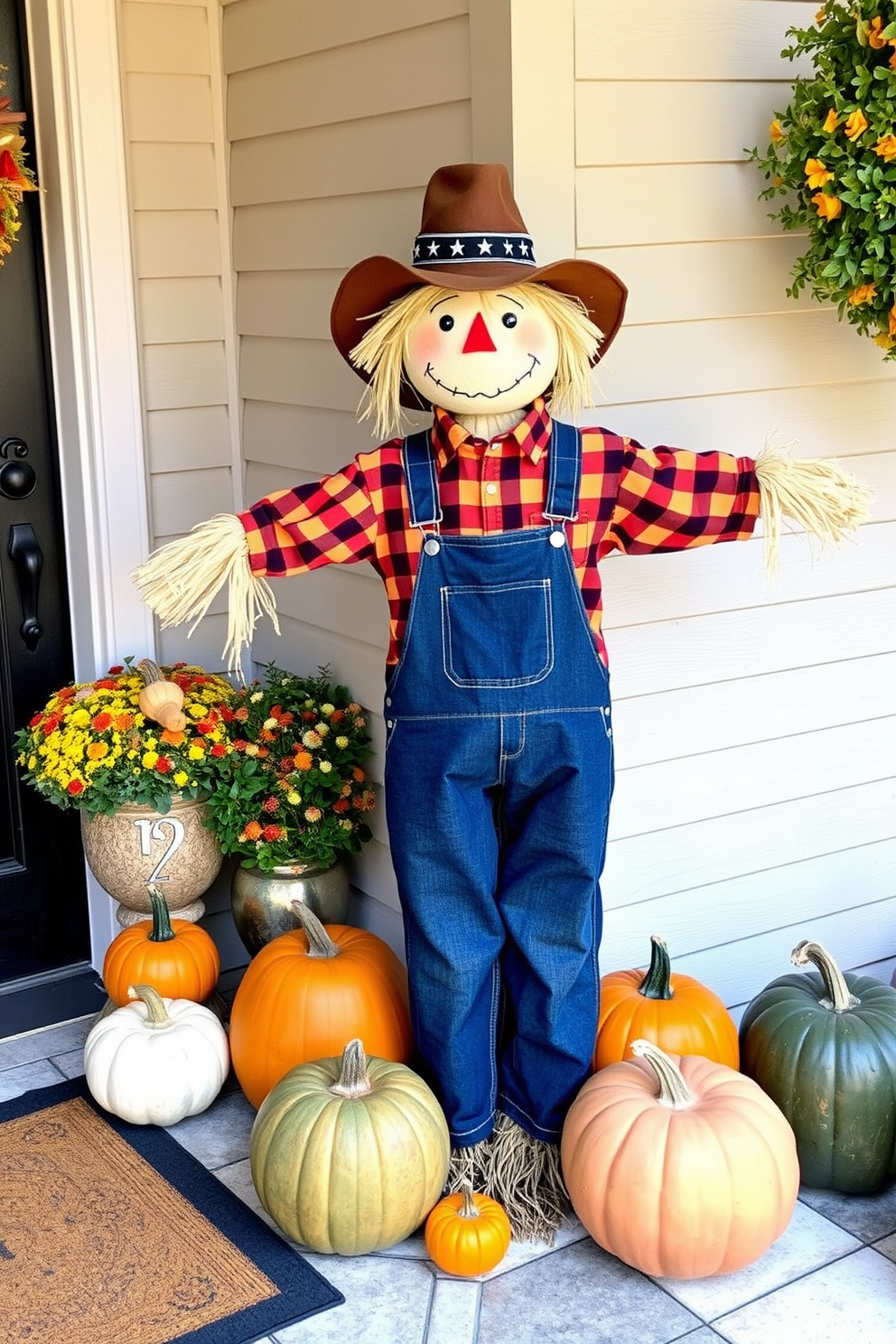 A charming front door adorned with twinkling fairy lights creates a warm and inviting atmosphere. The lights are delicately draped around the entrance, enhancing the festive spirit of Thanksgiving. A vibrant autumn wreath made of colorful leaves and pinecones is centered on the door. Flanking the entrance are two potted mums in rich hues of orange and yellow, adding a touch of seasonal color.