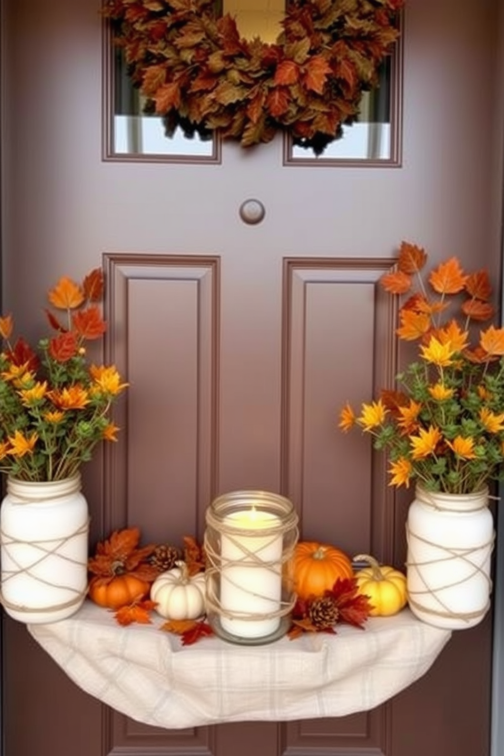 A charming porch decorated for Thanksgiving features a seasonal fruit basket overflowing with vibrant oranges, apples, and pears. The front door is adorned with a rustic wreath made of autumn leaves and small pumpkins, welcoming guests with a warm and festive touch.