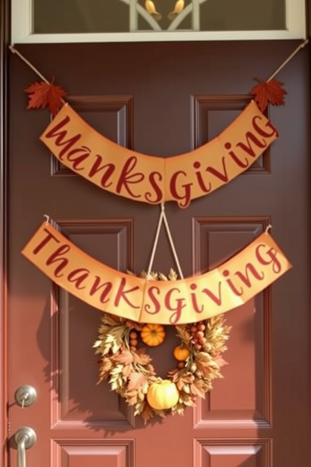 A warm and inviting Thanksgiving banner is elegantly strung across the doorway, featuring autumnal colors and festive lettering. The door is adorned with a wreath made of dried leaves and small pumpkins, creating a cozy and welcoming entrance.