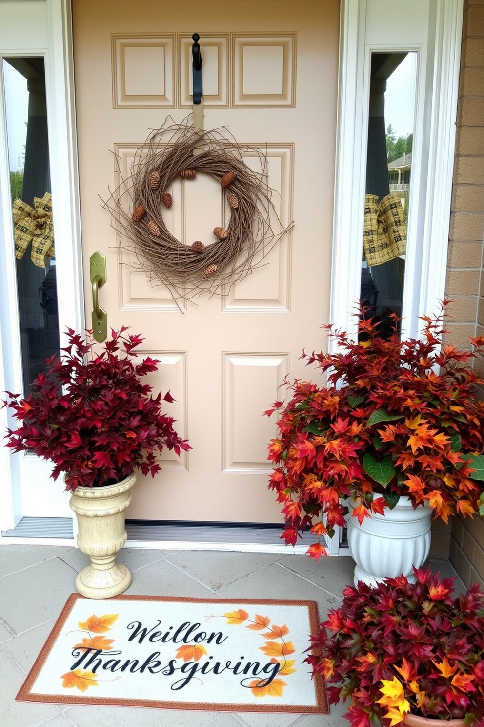 A charming front door adorned with pinecone and acorn accents creates a warm and inviting atmosphere for Thanksgiving. The door features a rustic wreath made of intertwined twigs, pinecones, and acorns, perfectly complementing the seasonal decor. Flanking the door are two potted arrangements filled with vibrant fall foliage, including deep red and orange leaves. A welcome mat with autumn-themed graphics adds a cozy touch to the entryway, enhancing the festive spirit.