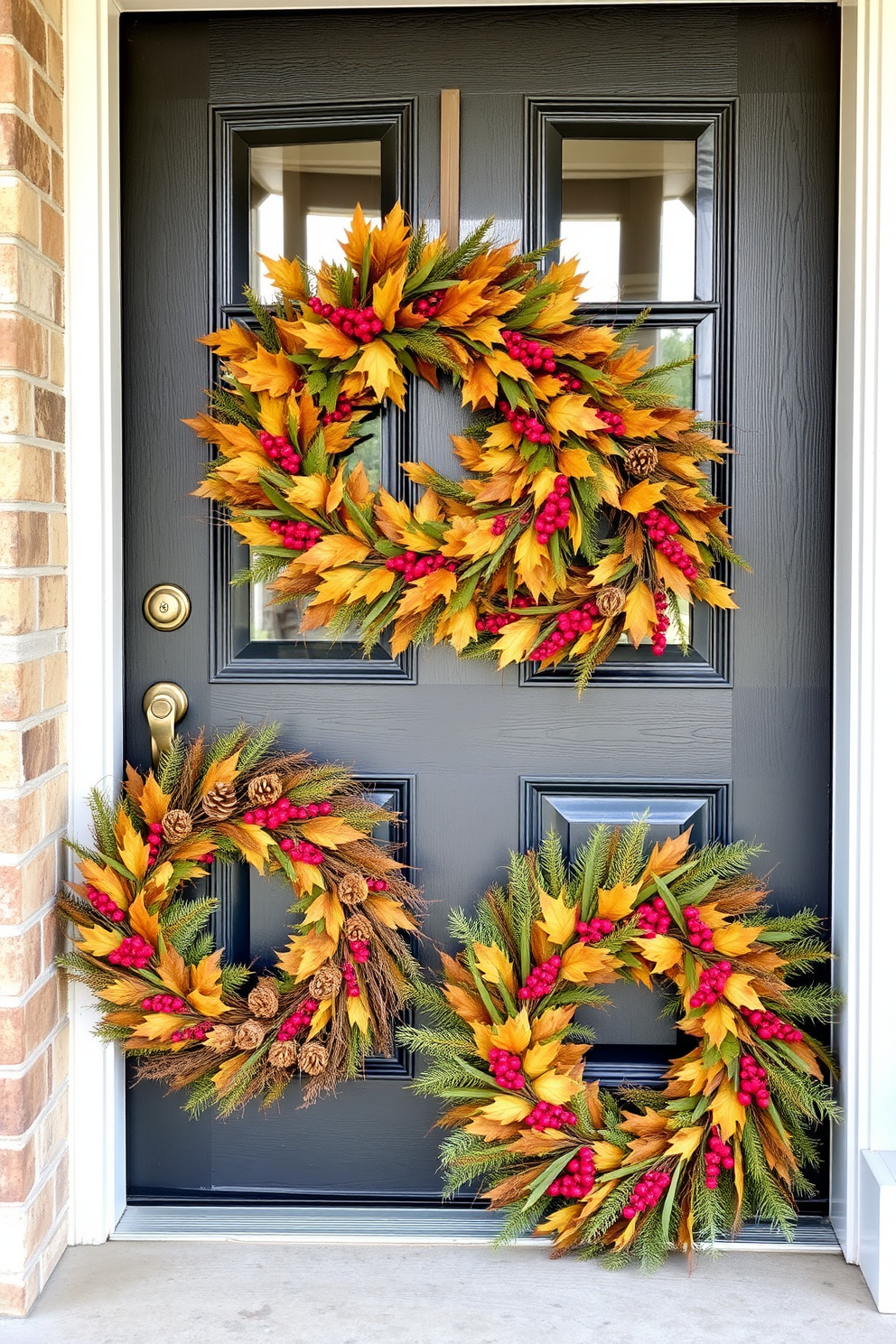 A vibrant floral arrangement featuring bright sunflowers is positioned in a rustic wooden vase at the entrance. Surrounding the vase are autumnal accents like small pumpkins and colorful leaves, creating a warm and inviting atmosphere for Thanksgiving.