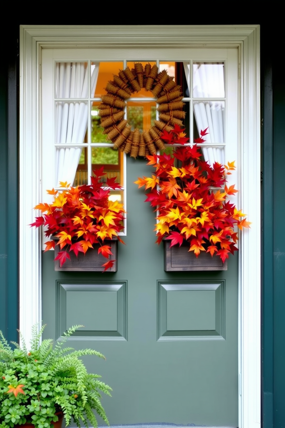 A charming front door adorned with a chalkboard sign displaying a festive Thanksgiving message. Surrounding the door are autumn-themed decorations including pumpkins, gourds, and a wreath made of colorful leaves.