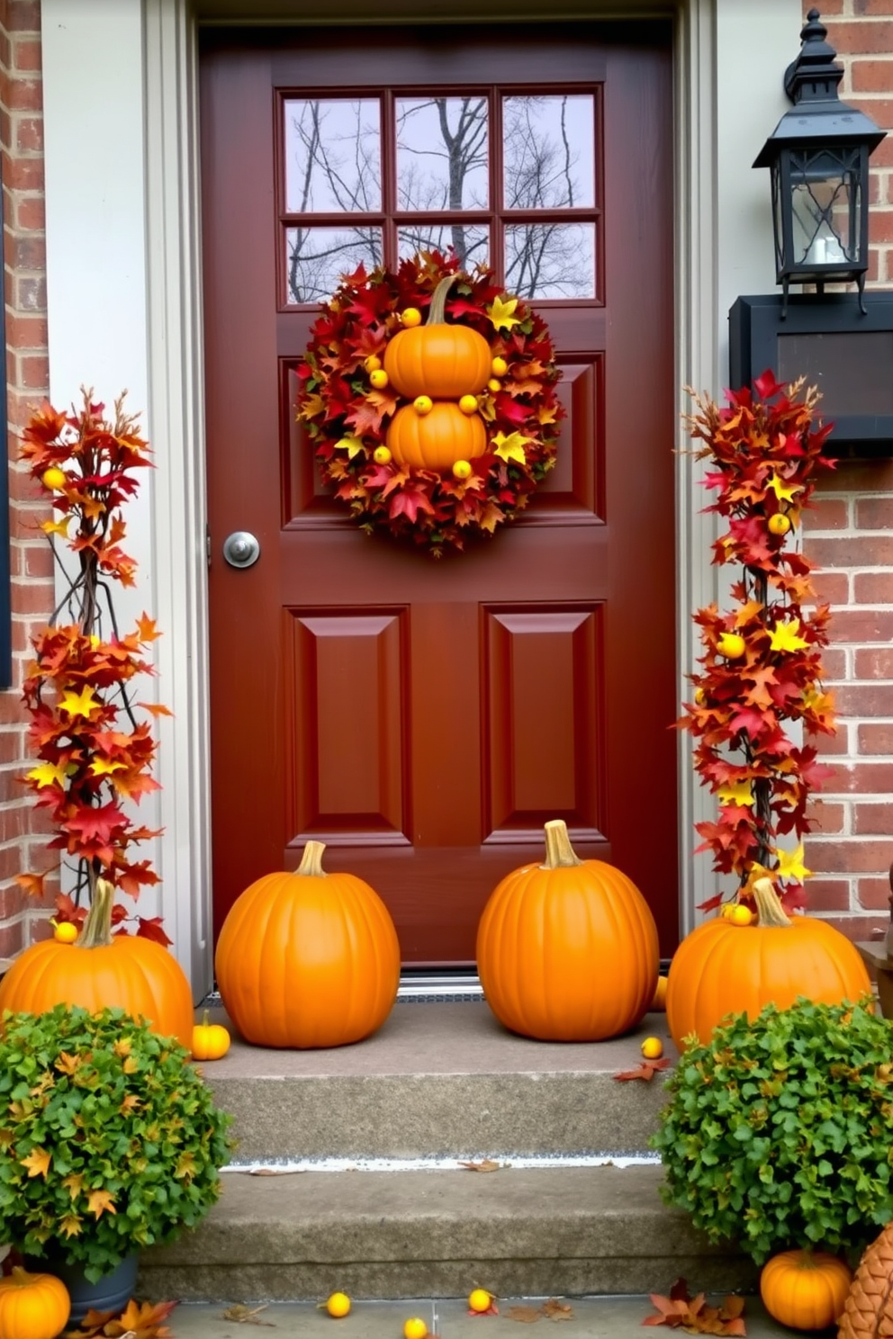 A charming front door adorned with a stack of pumpkins in vibrant seasonal colors. The pumpkins are arranged in varying sizes, showcasing shades of orange, yellow, and deep green, complemented by a rustic wreath made of autumn leaves.