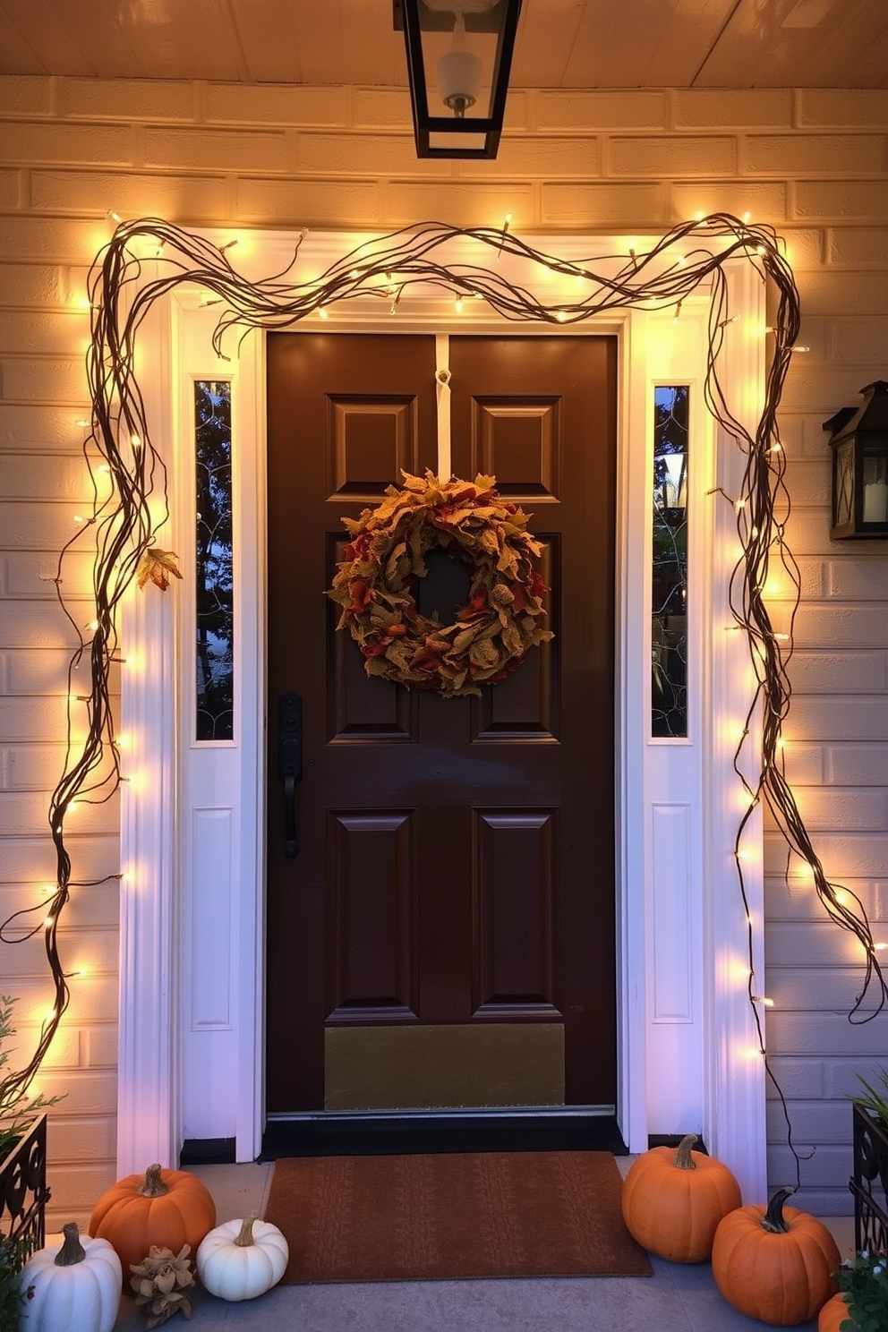 A warm and inviting front door adorned with metallic accents in rich fall colors. The door is framed by a beautiful arrangement of golden and copper leaves, with a wreath featuring shimmering pumpkins and twinkling fairy lights.