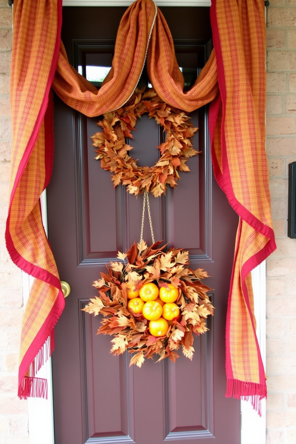 A welcoming front door adorned for Thanksgiving features a rustic wooden bench draped with a plush faux fur throw. Surrounding the door, vibrant autumn leaves and pumpkins create a warm and inviting atmosphere.