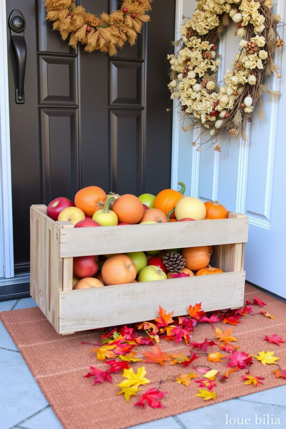 A charming front door adorned for Thanksgiving features a rustic wooden crate brimming with seasonal fruits such as apples, pears, and pumpkins. The crate is positioned on a welcome mat, surrounded by vibrant autumn leaves and a cheerful wreath made of dried flowers and twigs.