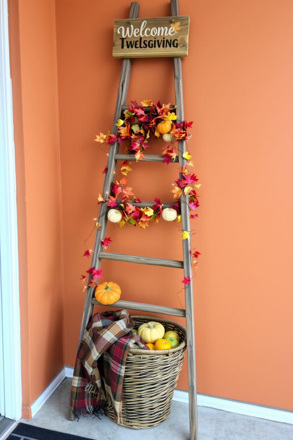 A rustic wooden ladder leans against a warm-toned wall, adorned with an assortment of fall decorations. Colorful leaves, small pumpkins, and twinkling fairy lights cascade down the rungs, creating a cozy autumnal vibe. At the base of the ladder, a woven basket filled with seasonal fruits and a plaid blanket invite guests to enjoy the festive atmosphere. A charming welcome sign hangs from the top rung, adding a personal touch to the Thanksgiving front door display.