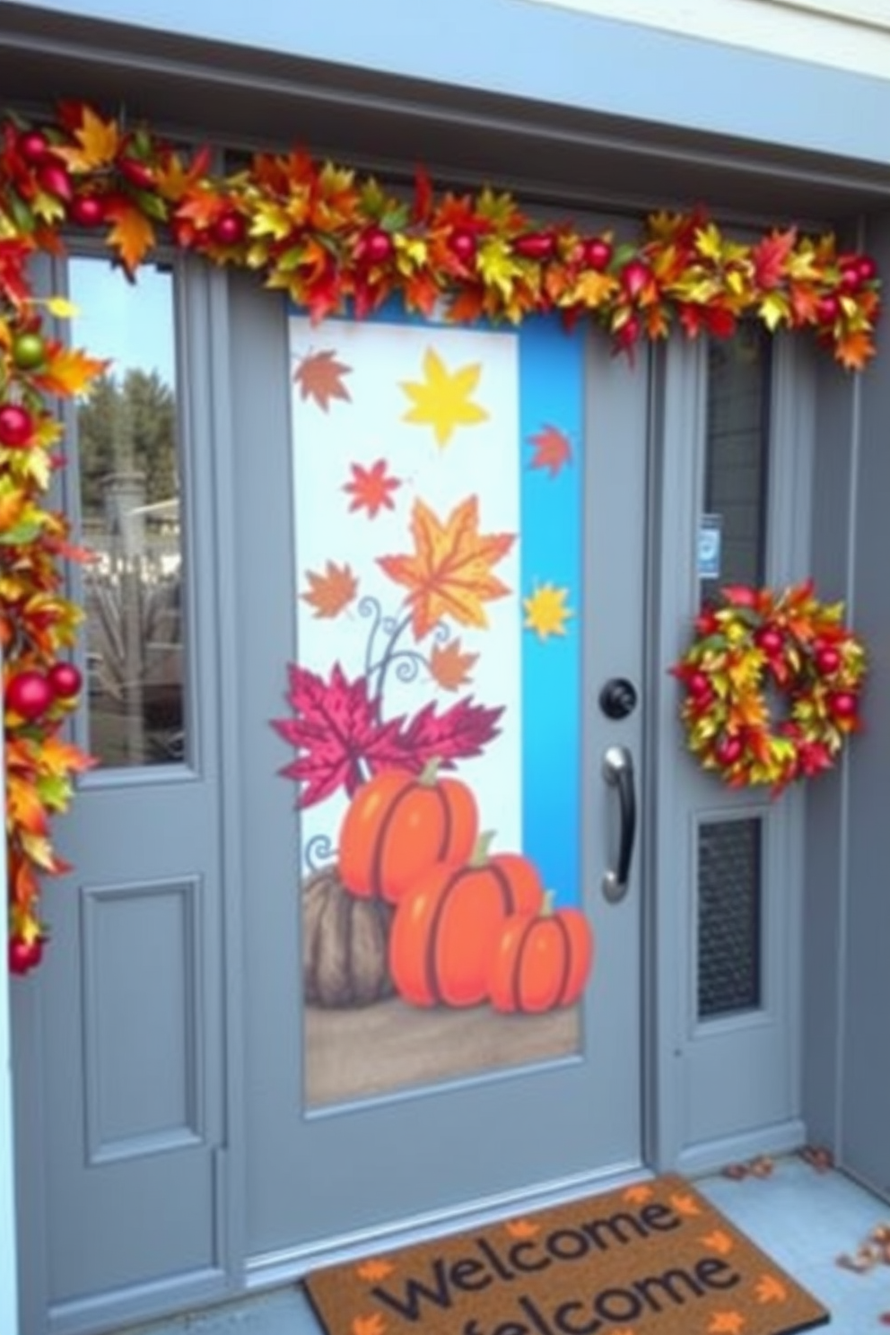 A charming front door adorned with autumn-themed artwork featuring vibrant leaves and pumpkins. The door is framed by a wreath made of colorful foliage, with a welcome mat that complements the seasonal decor.