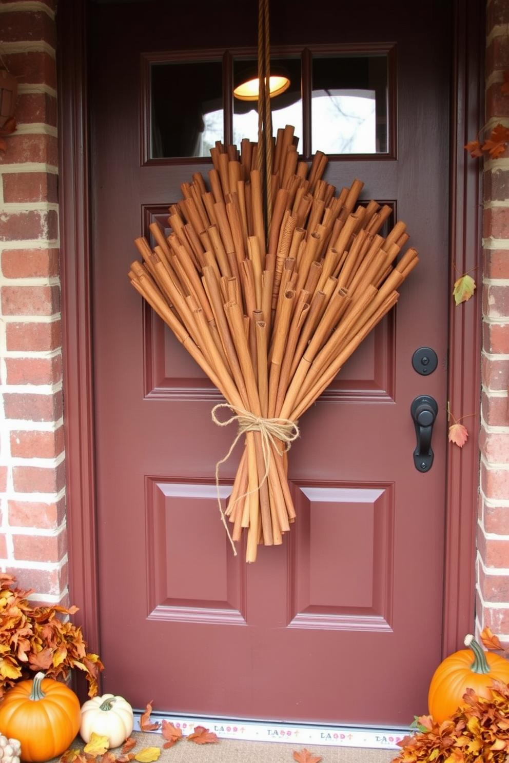 A charming decorative birdhouse adorned with autumn leaves and pumpkins sits at the center of the front door display. Surrounding the birdhouse are clusters of colorful gourds and a wreath made of dried corn and vibrant fall foliage.