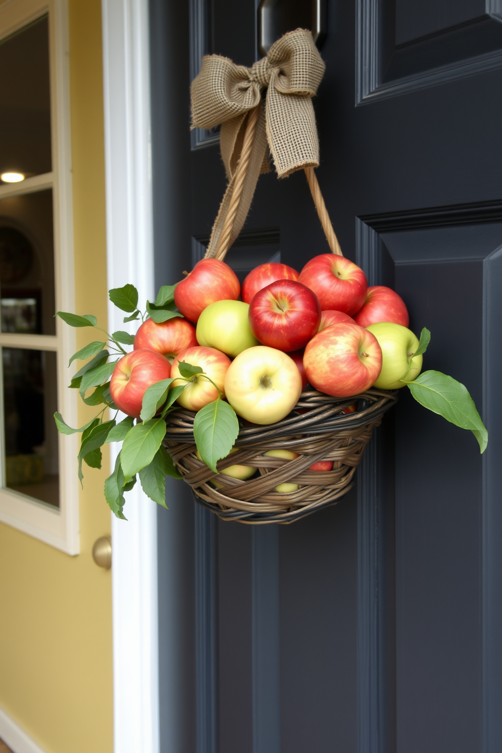 A charming front door adorned with a hanging apple basket filled with vibrant red and green apples. The basket is accented with a rustic burlap ribbon, creating a warm and inviting autumnal touch.