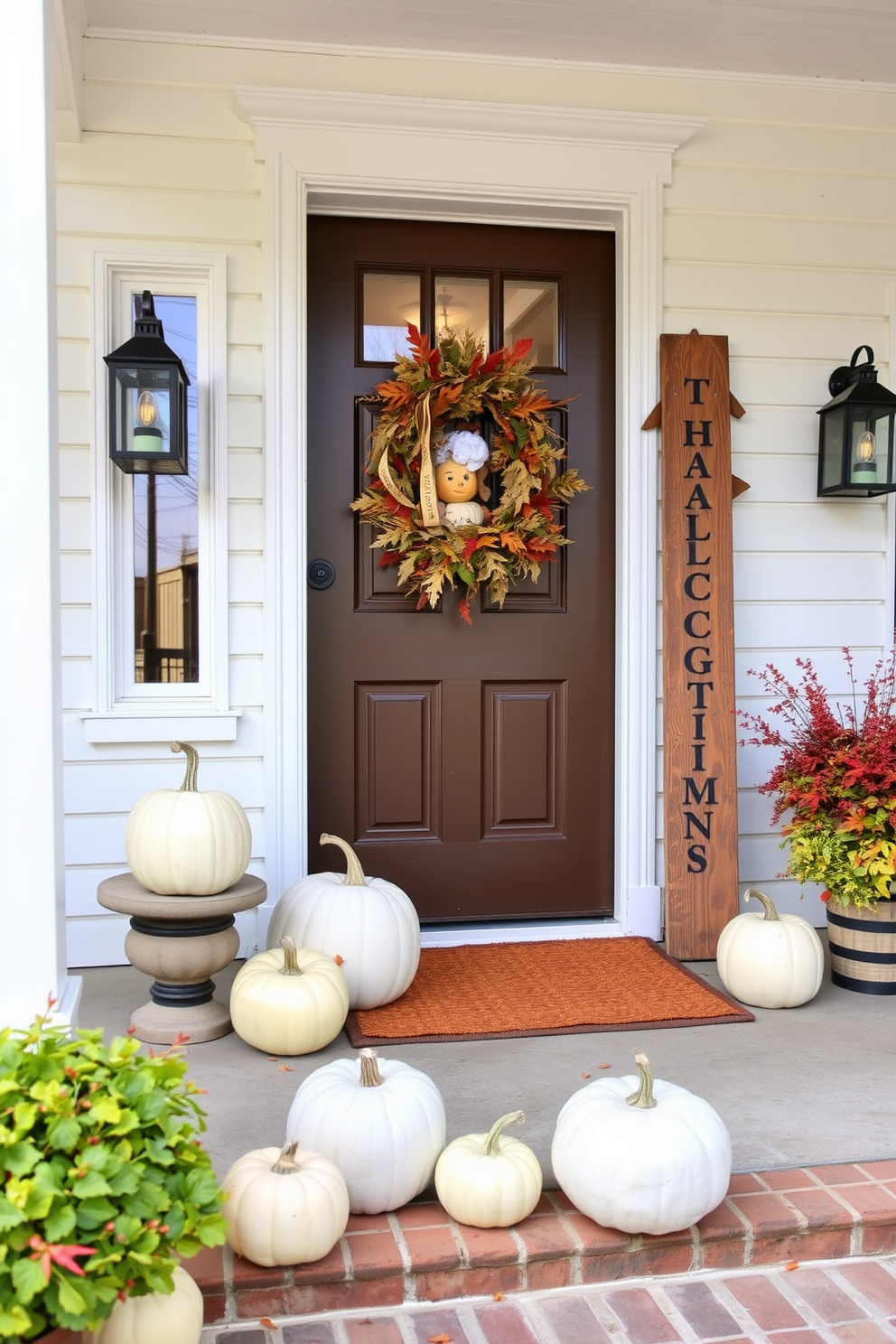 A charming porch adorned for Thanksgiving features crisp white pumpkins arranged artfully near the front door. The entrance is enhanced with autumnal decorations, including a rustic welcome sign and vibrant fall foliage.