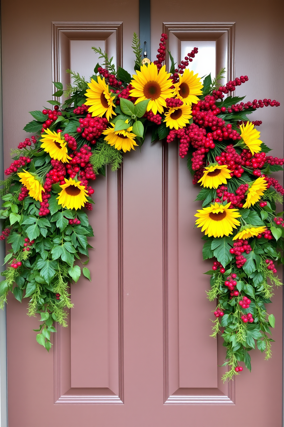 A charming front door adorned with a floral swag featuring vibrant sunflowers and rich red berries. The arrangement is complemented by lush green foliage, creating a warm and inviting atmosphere for Thanksgiving.