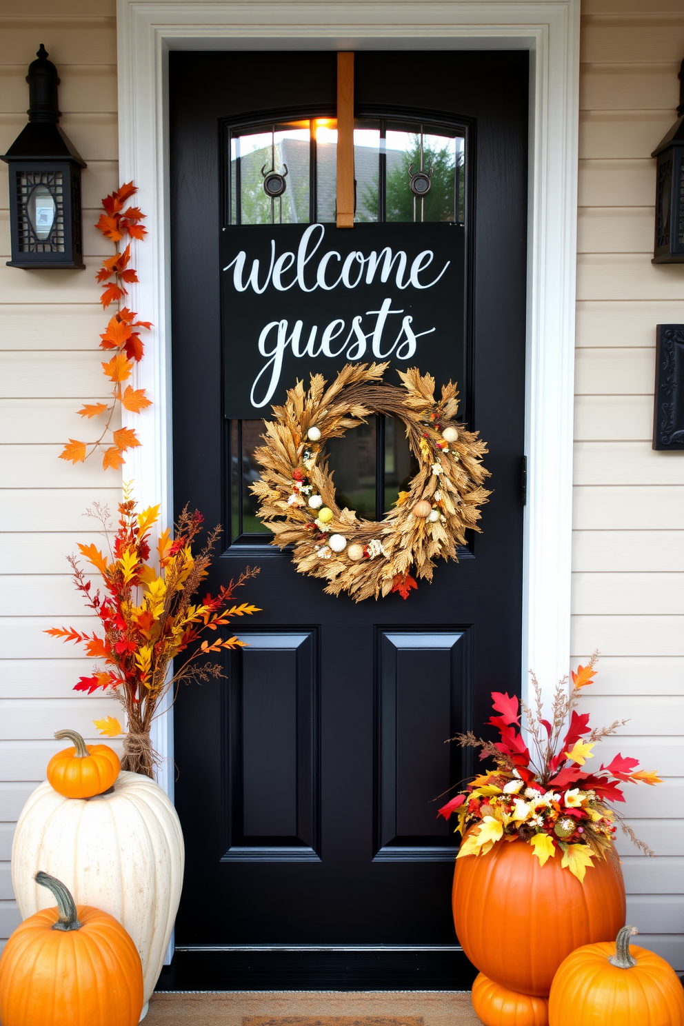 A charming front door adorned with hanging fabric bunting in warm tones creates a welcoming atmosphere for Thanksgiving. The bunting features rich shades of orange, yellow, and deep red, perfectly complementing the autumnal decor surrounding the entrance.