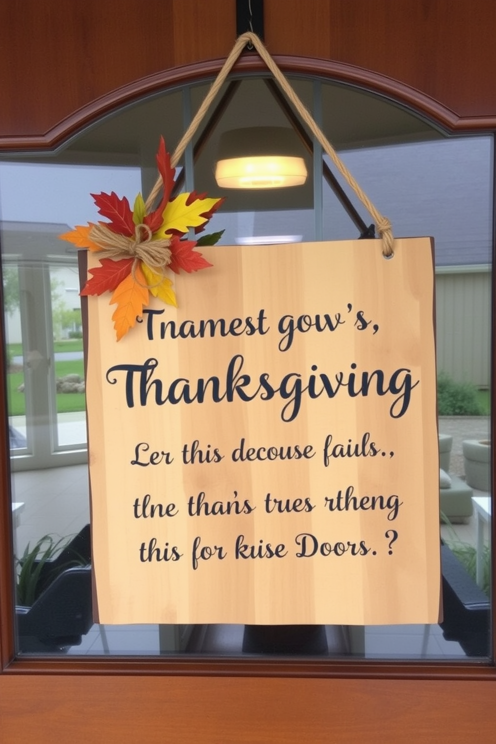 A rustic wooden sign hangs proudly on the front door, featuring a heartfelt message of gratitude for the Thanksgiving season. The sign is adorned with autumn leaves and twine, creating a warm and inviting welcome for guests.