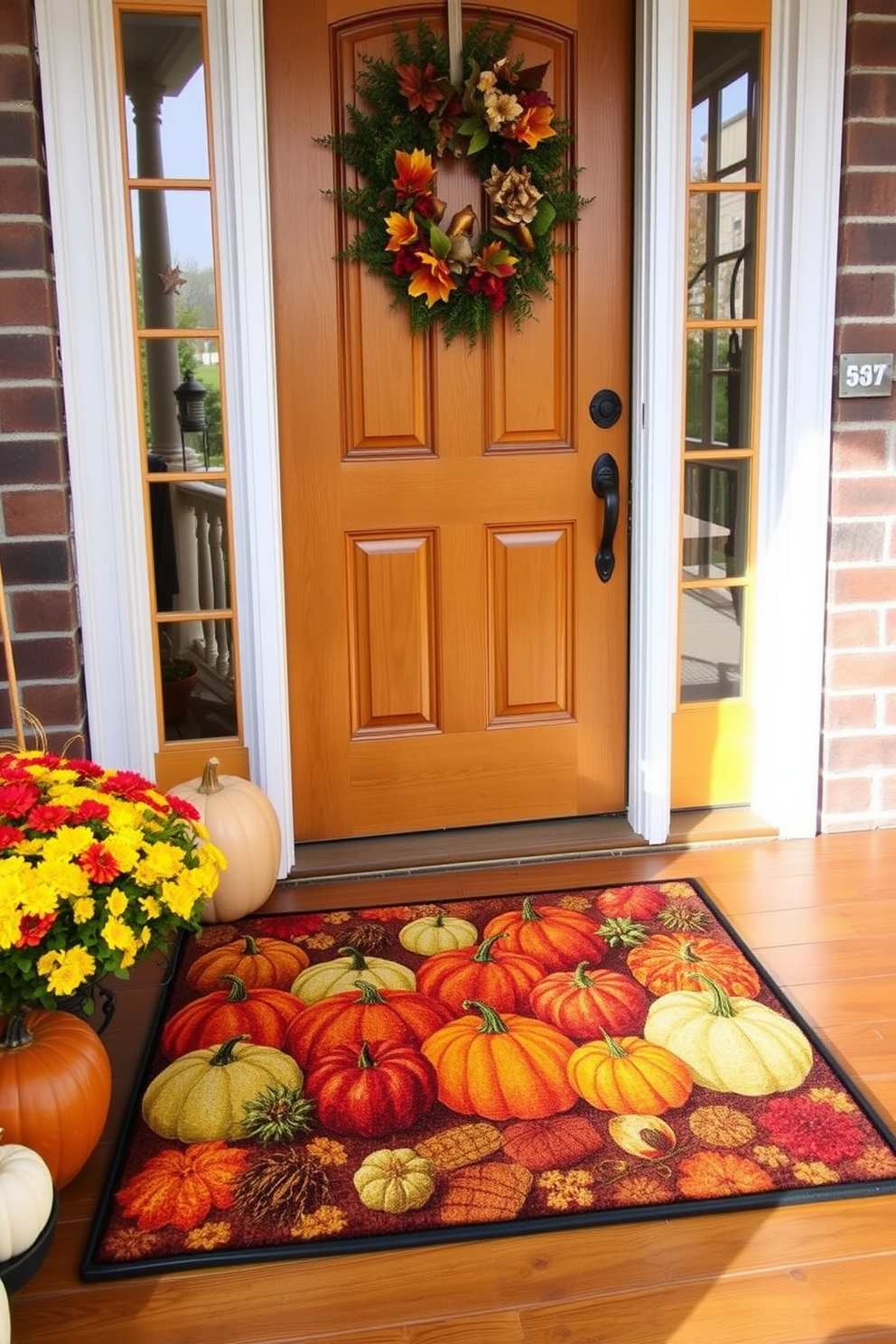 A harvest-themed door mat featuring an array of colorful pumpkins welcomes guests at the front entrance. The mat is set against a backdrop of a warm wooden door adorned with autumn wreaths and seasonal decorations.