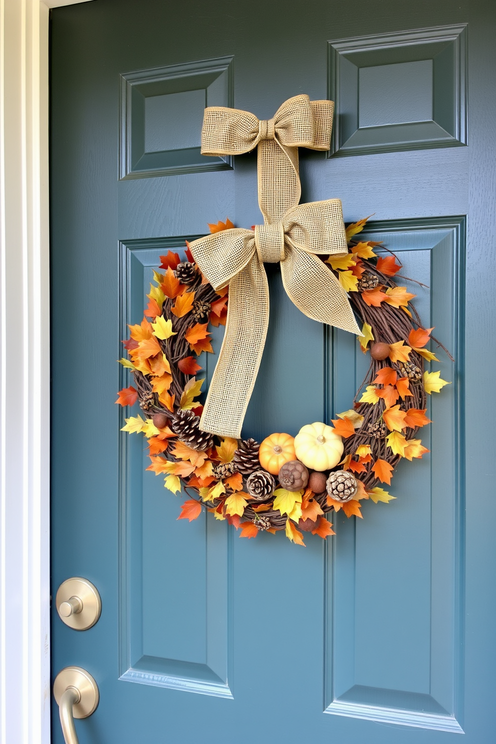 A beautifully crafted wreath adorned with a burlap bow hangs on a charming front door. The wreath features a mix of autumn leaves, pinecones, and small pumpkins, creating a warm and inviting Thanksgiving display.