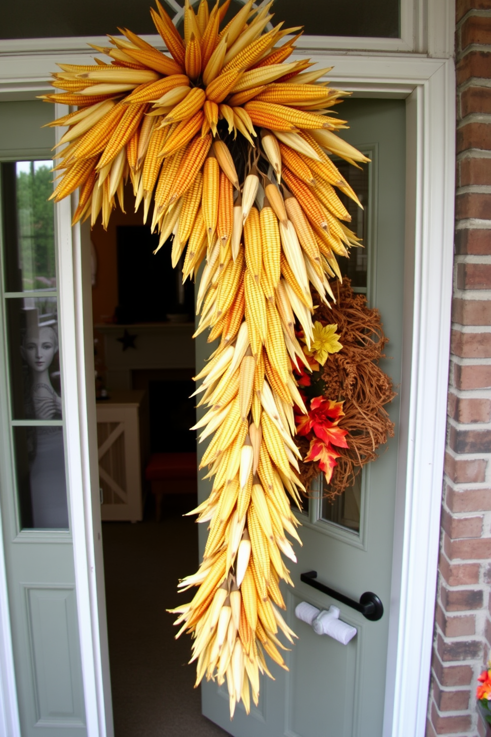 A charming front door adorned with a corn husk garland that gracefully drapes across the top. The warm autumn colors of the corn husk complement the inviting atmosphere, creating a festive Thanksgiving welcome.