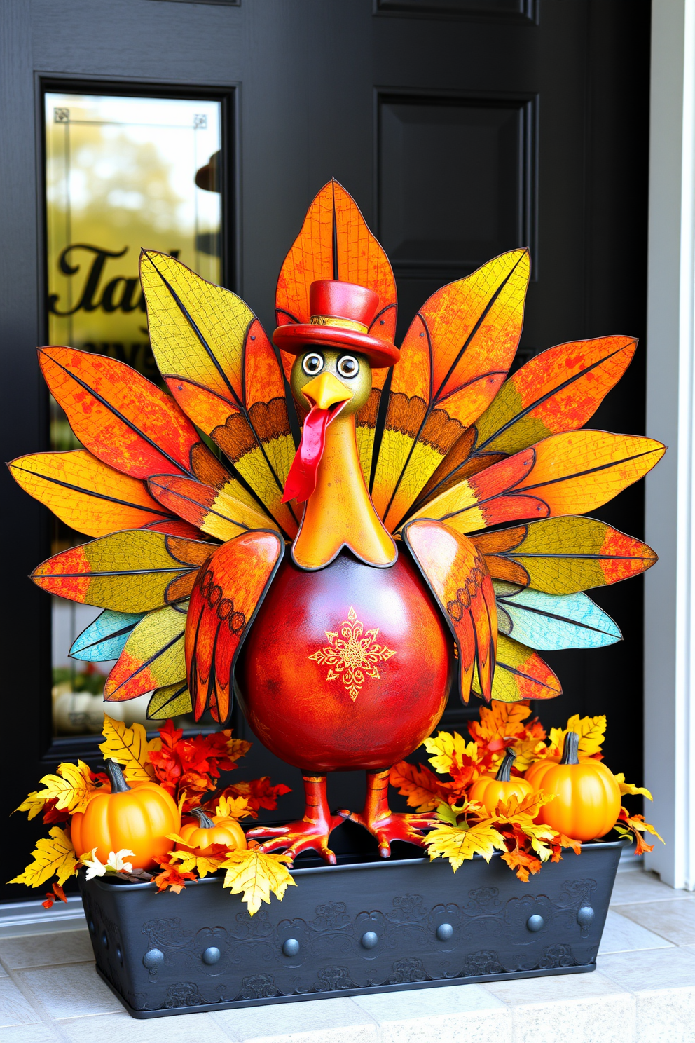 A charming metal turkey decoration greets guests at the front door, showcasing vibrant colors and intricate details. Surrounding the turkey are seasonal elements like autumn leaves and small pumpkins to enhance the Thanksgiving spirit.