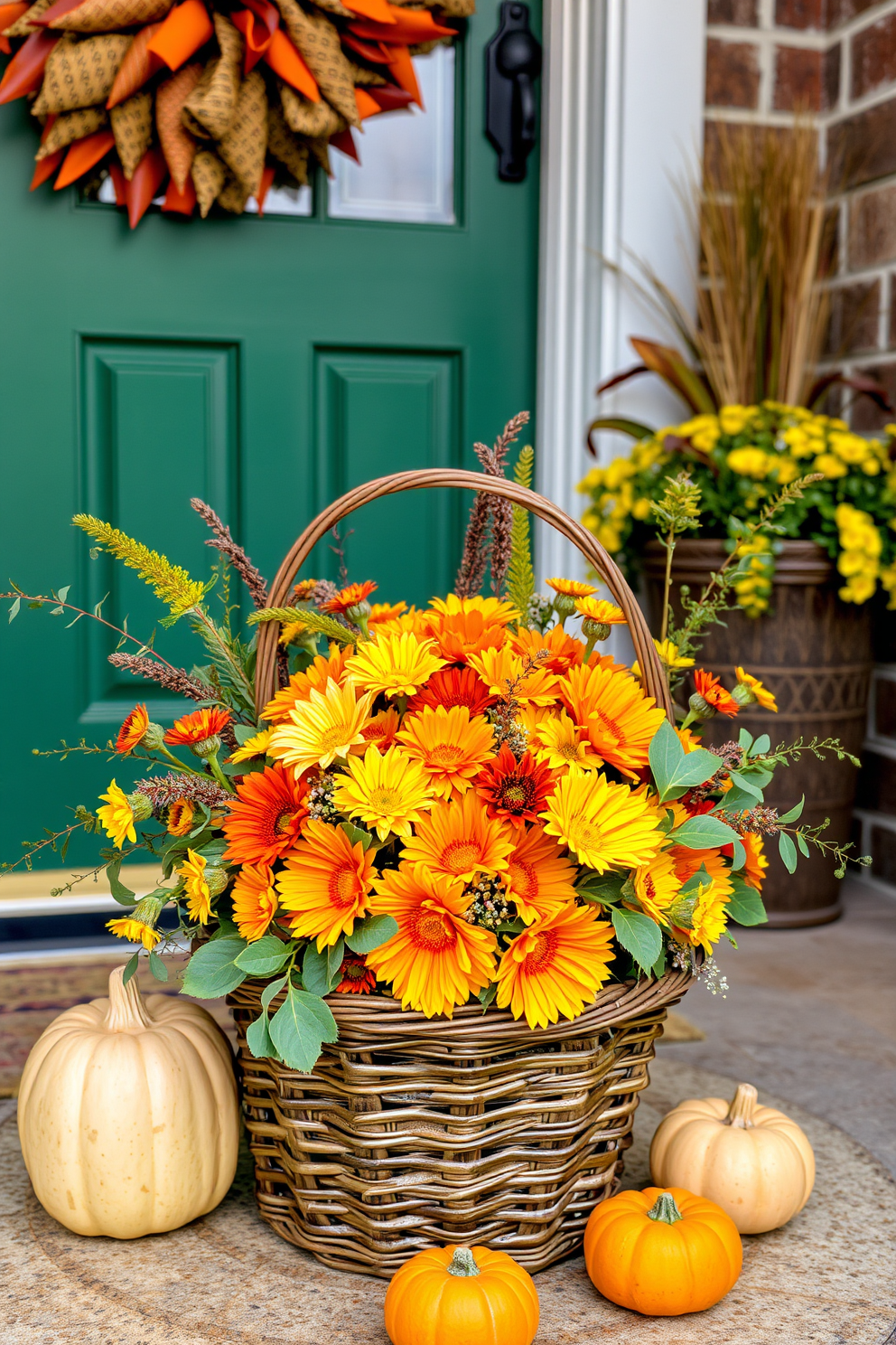 A warm and inviting fall floral arrangement sits in a rustic woven basket at the entrance. The basket is filled with vibrant orange and yellow blooms, accented by rich green foliage and seasonal gourds for a festive Thanksgiving touch.