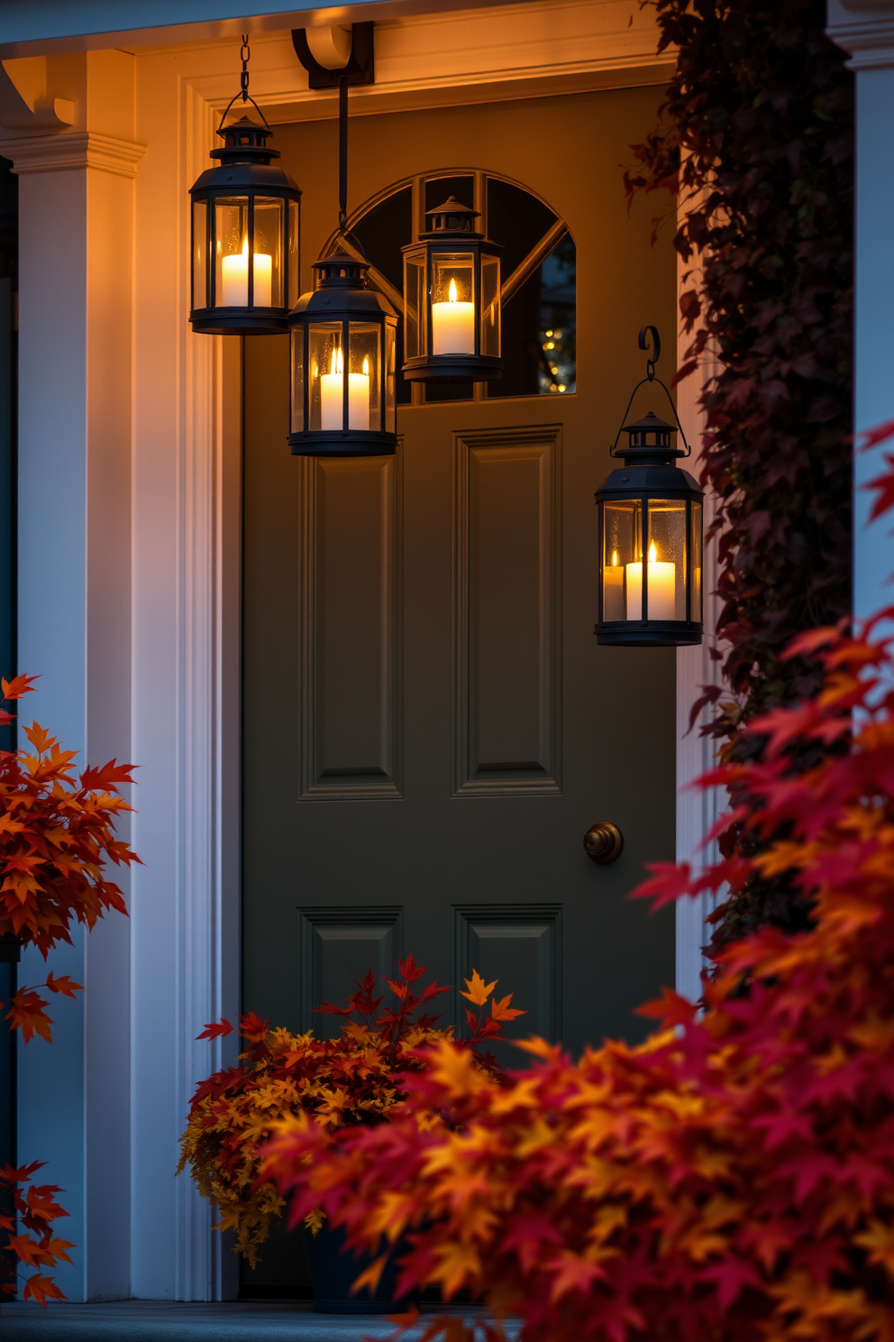 A charming front door adorned with hanging lanterns filled with warm candlelight. Surrounding the door, vibrant autumn foliage in shades of orange, red, and yellow creates a festive and inviting atmosphere.