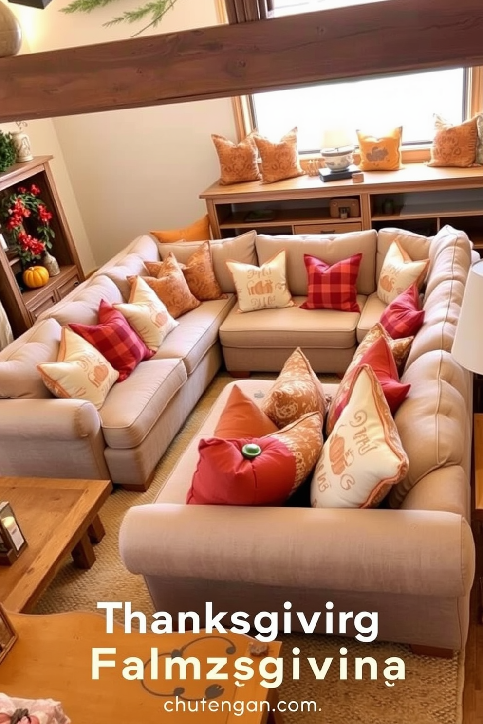 Cozy seating area adorned with festive throw pillows in warm autumn colors. The space features a large sectional sofa surrounded by rustic wooden furniture, creating an inviting atmosphere for Thanksgiving gatherings.