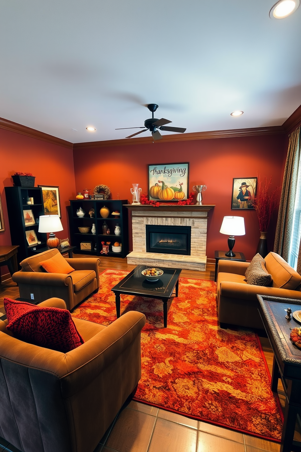 A cozy game room adorned with plaid blankets draped over a plush sectional sofa. The room features a rustic wooden coffee table surrounded by comfortable seating, with warm lighting creating an inviting atmosphere. Thanksgiving decorations are tastefully arranged throughout the space, including a centerpiece of autumn leaves and small pumpkins on the coffee table. The walls are adorned with framed artwork that reflects the spirit of the season, enhancing the festive vibe.