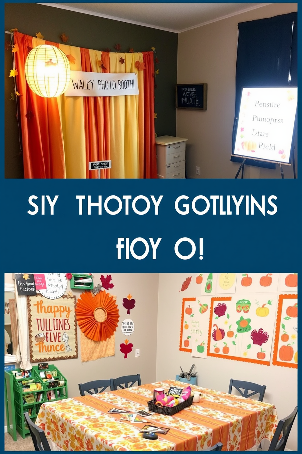 A cozy DIY photo booth designed for Thanksgiving celebrations. The backdrop features warm autumn colors with hanging leaves and pumpkins, while a table displays a variety of fun props like turkey hats and festive signs. A cheerful game room decorated for Thanksgiving gatherings. The space includes a large table for board games, adorned with a tablecloth in fall colors, and a wall display of playful Thanksgiving-themed artwork.