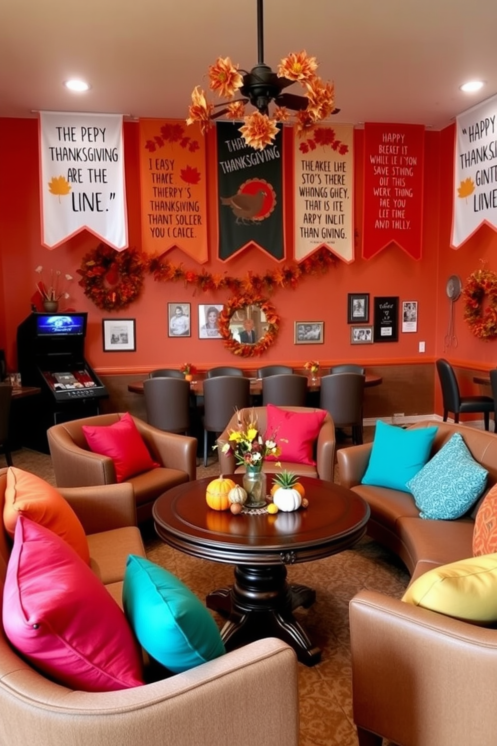 A vibrant game room filled with festive Thanksgiving decorations. The walls are adorned with playful banners featuring cheerful Thanksgiving quotes, creating a warm and inviting atmosphere. Comfortable seating arrangements are placed around a central gaming table, decorated with autumn-themed centerpieces. Soft lighting enhances the cozy feel, while colorful throw pillows add a touch of seasonal charm.