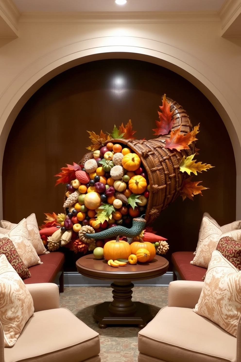 A decorative cornucopia filled with vibrant autumn fruits and vegetables serves as the focal point in the Thanksgiving game room. Surrounding the cornucopia, cozy seating arrangements with plush cushions invite guests to relax and enjoy festive games together.