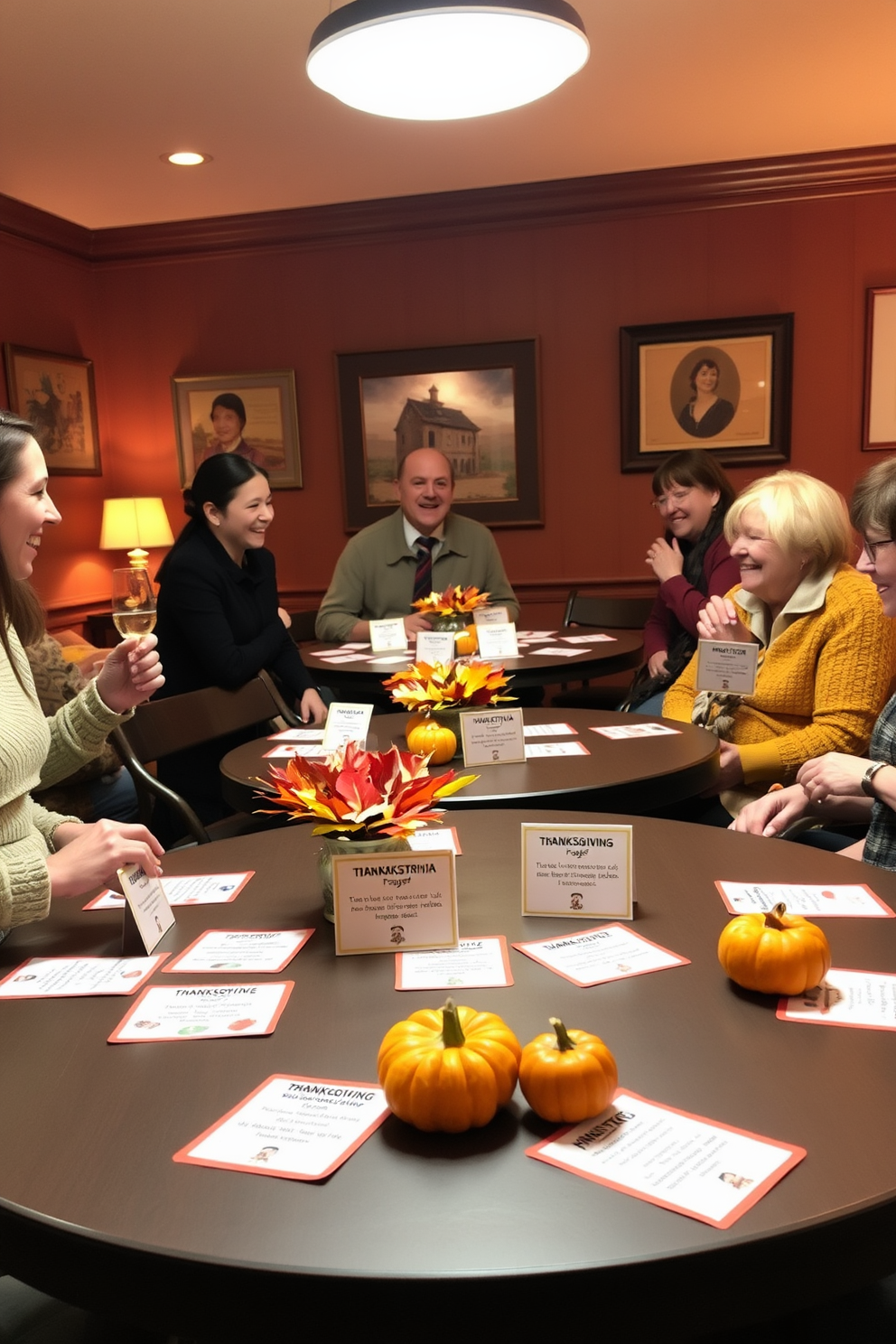 A cozy Thanksgiving game room filled with laughter and joy. The tables are adorned with festive trivia cards featuring fun Thanksgiving facts and questions. Each table has a centerpiece of autumn leaves and small pumpkins. Warm lighting creates an inviting atmosphere, perfect for family gatherings and friendly competitions.