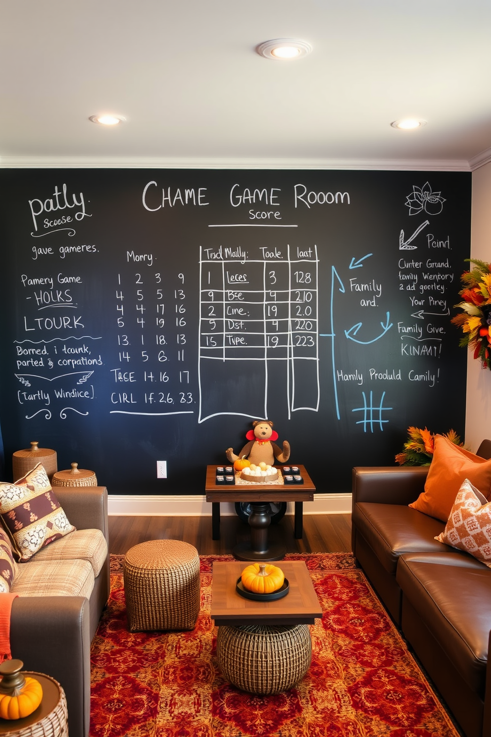 A cozy game room decorated for Thanksgiving features a rustic wooden table surrounded by comfortable chairs. On the table, mason jars filled with vibrant candy corn are artfully arranged alongside autumn-themed decorations like small pumpkins and colorful leaves. The walls are adorned with warm-toned artwork depicting fall landscapes, creating an inviting atmosphere. Soft lighting from stylish lamps casts a gentle glow, enhancing the festive spirit of the space.