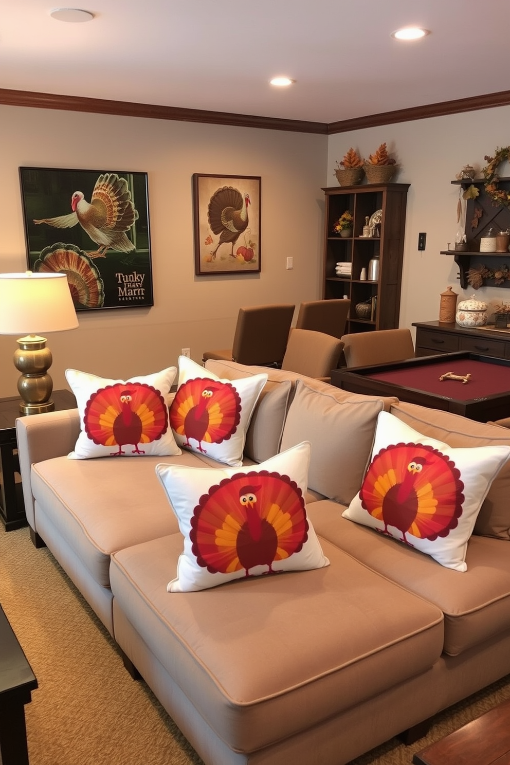 The game room is adorned with themed cushions featuring vibrant turkey designs, adding a festive touch to the space. The cushions are arranged on a plush sectional sofa, complemented by warm lighting and autumn-inspired decor.