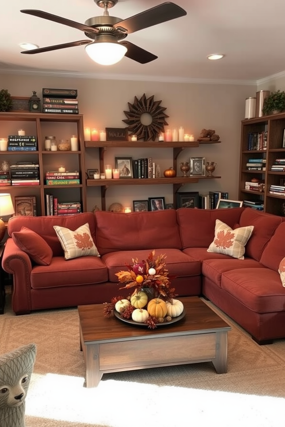 A cozy game room filled with seasonal scents from scented candles. The space features a large, plush sectional sofa in warm tones, surrounded by rustic wooden shelves stocked with board games and books. Thanksgiving decorations adorn the room, with a centerpiece of autumn leaves and mini pumpkins on the coffee table. Soft, ambient lighting creates an inviting atmosphere, perfect for gatherings with family and friends.