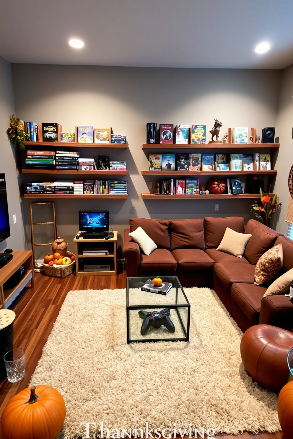 A cozy game room featuring wall-mounted shelves made of reclaimed wood for storing board games and gaming consoles. The shelves are neatly organized, displaying colorful game boxes and accessories, while a plush area rug adds warmth to the space. Soft ambient lighting creates an inviting atmosphere, complemented by autumn-themed decorations for Thanksgiving. A large sectional sofa is positioned around a coffee table, providing a comfortable area for family gatherings and game nights.