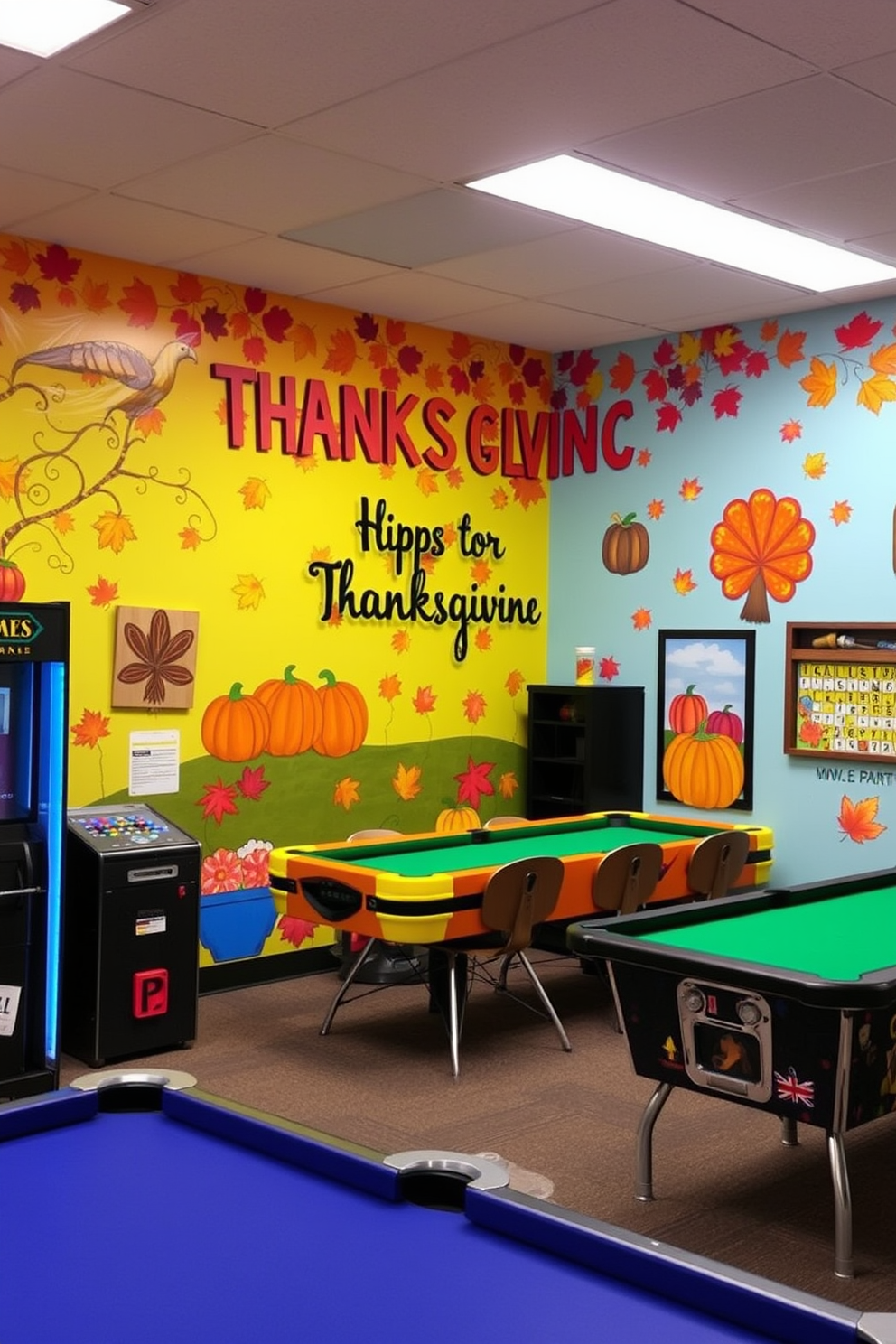 A vibrant game room features colorful autumn-themed wall art that celebrates Thanksgiving. The walls are adorned with various pieces depicting fall leaves, pumpkins, and festive gatherings, creating a warm and inviting atmosphere.