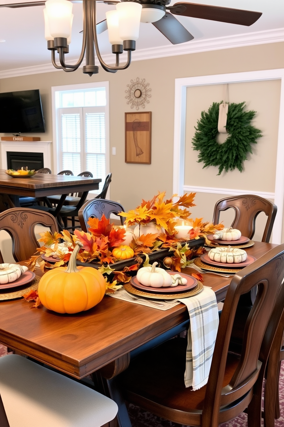 A cozy game room decorated for Thanksgiving features autumn colored curtains that create a warm and inviting atmosphere. The walls are adorned with rustic wooden accents and a large plush sofa is centered around a coffee table filled with seasonal decorations.