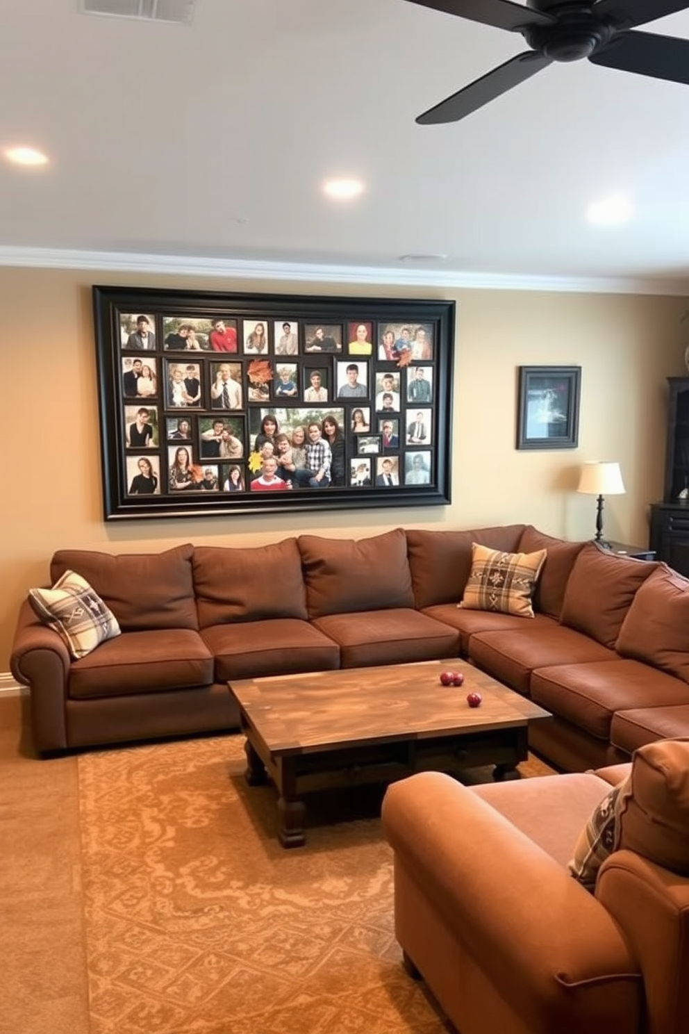 A cozy game room featuring a family photo collage displayed in autumn-themed frames. The walls are painted in warm earth tones, and a comfortable sectional sofa is positioned around a rustic wooden coffee table.