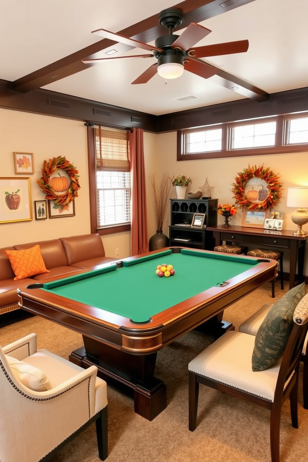 A cozy game room featuring a rotating display of seasonal artwork. The walls are adorned with festive Thanksgiving-themed pieces, including pumpkins and autumn leaves, creating a warm and inviting atmosphere.