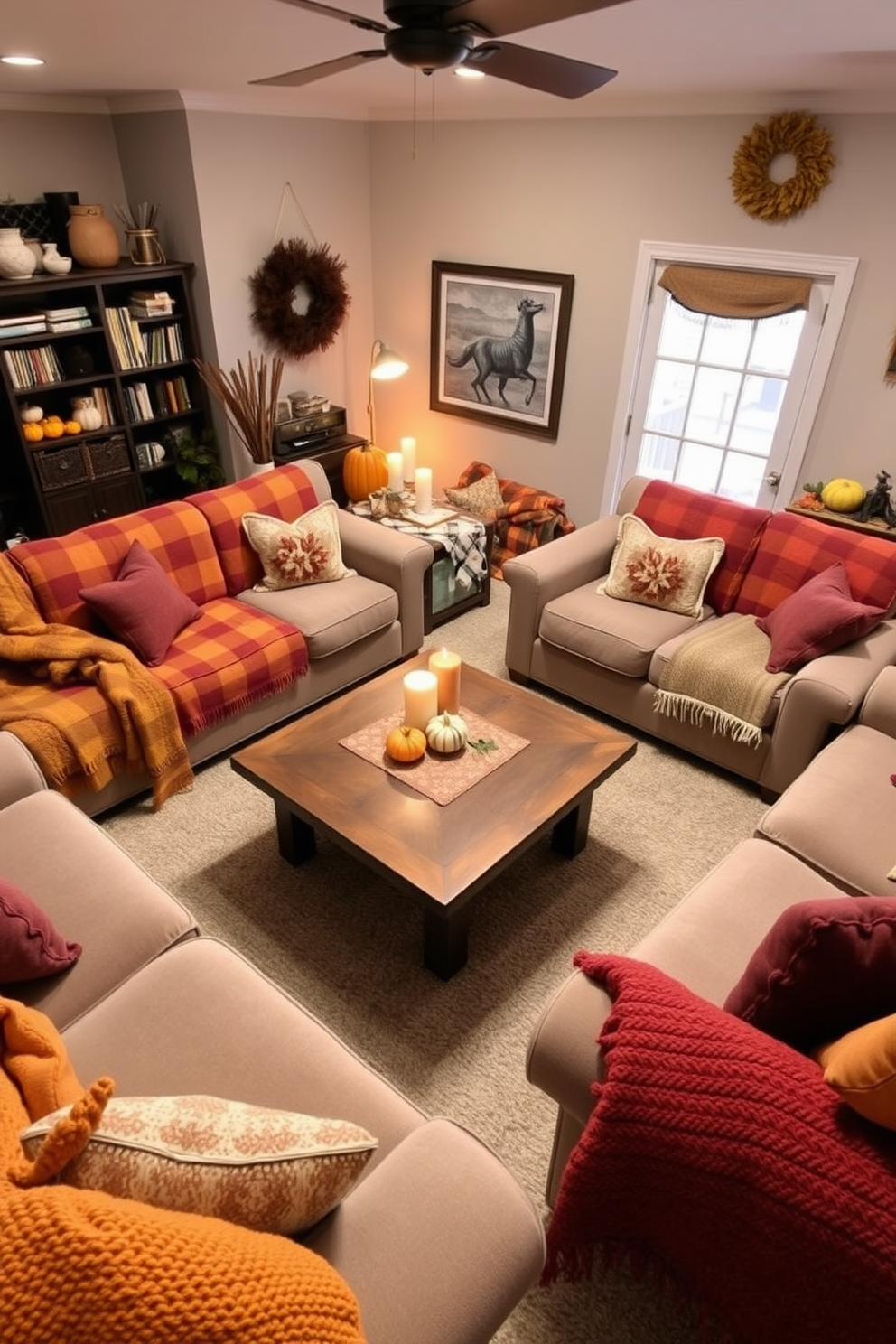 A cozy game room designed for Thanksgiving featuring plush turkey and pumpkin toys scattered throughout. The space includes a large sectional sofa adorned with autumn-themed cushions and a rustic coffee table topped with seasonal decorations.