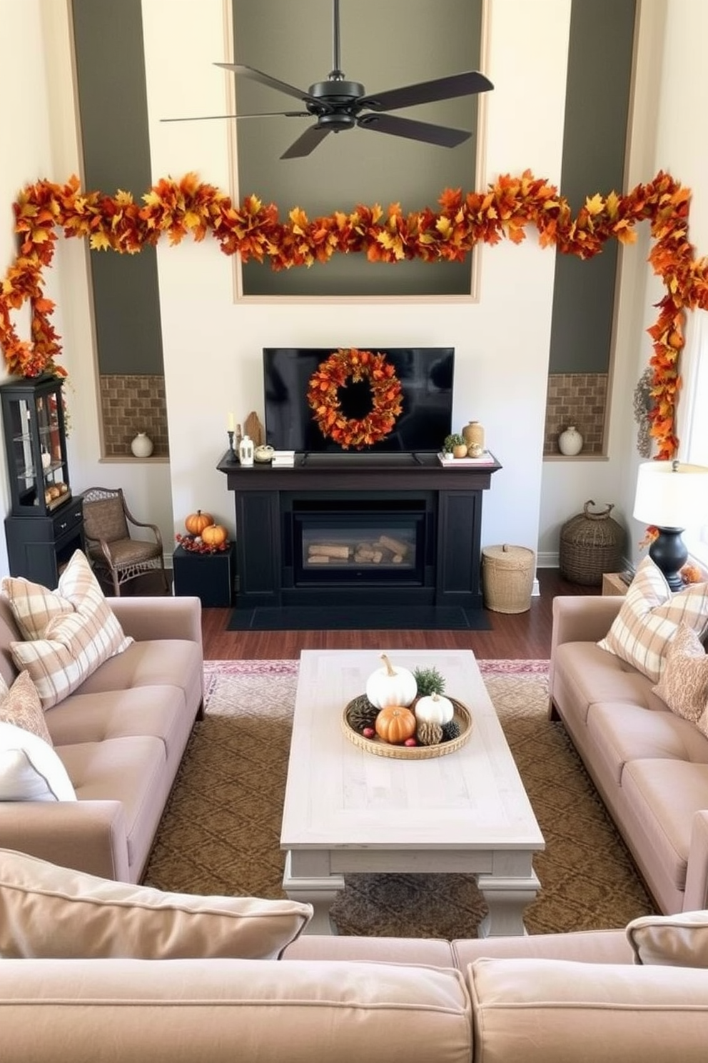 A cozy game room decorated for Thanksgiving features an autumn leaf garland elegantly draped along the walls. The space is filled with comfortable seating, a large coffee table, and festive decorations that create a warm and inviting atmosphere.