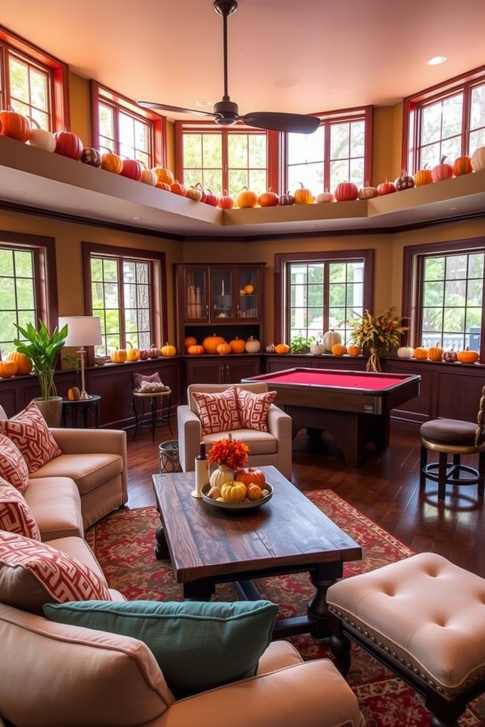 A vibrant game room filled with colorful pumpkins lining the windowsills creates a festive atmosphere for Thanksgiving. The room features a cozy seating area with plush cushions and a rustic coffee table, inviting friends and family to gather and celebrate.