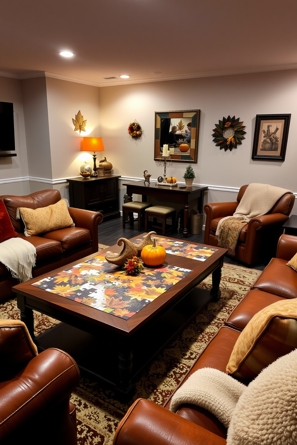 A seasonal drink station featuring themed cups designed for Thanksgiving. The station is adorned with autumn leaves and pumpkins, creating a festive atmosphere for guests to enjoy their beverages. The game room is decorated with warm tones and cozy seating arrangements. A large wooden table is set up for board games, surrounded by plush cushions and string lights for a welcoming touch.